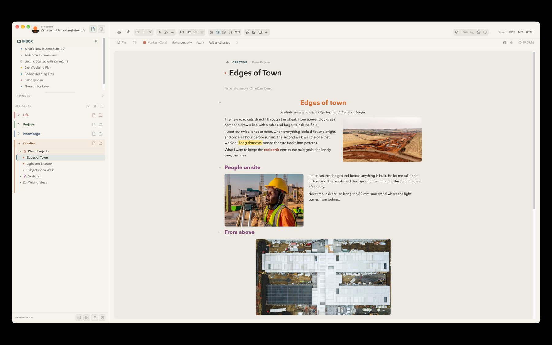 Photo note in ZimeZumi with a centred title, an aerial photo on the right and a portrait on the left, the text flowing beside each, below them a centred image.